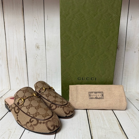 Gucci Monogram Jumbo GG Princetown Loafer Mules Camel Ebony/Beige Sz 35 / 5 - Picture 1 of 14